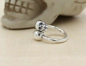 Solid 925 Hallmarked Sterling Silver Double Skull Resizeable Ring