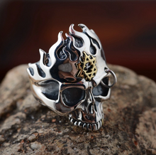 Load image into Gallery viewer, Hallmarked 925 Custom Sterling Silver Carved Biker Flaming Skull Gold Colour Tooth Ring