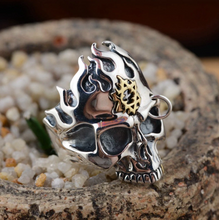 Load image into Gallery viewer, Hallmarked 925 Custom Sterling Silver Carved Biker Flaming Skull Gold Colour Tooth Ring