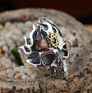 Hallmarked 925 Custom Sterling Silver Carved Biker Flaming Skull Gold Colour Tooth Ring