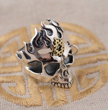 Load image into Gallery viewer, Hallmarked 925 Custom Sterling Silver Carved Biker Flaming Skull Gold Colour Tooth Ring