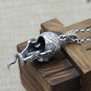 925 Hallmarked Sterling Silver Skull & Cobra Snake Pendant Necklace