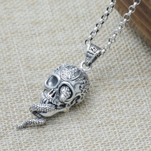 925 Hallmarked Sterling Silver Skull & Cobra Snake Pendant Necklace