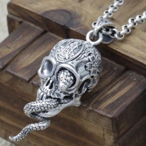 925 Hallmarked Sterling Silver Skull & Cobra Snake Pendant Necklace