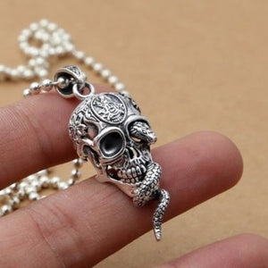 925 Hallmarked Sterling Silver Skull & Cobra Snake Pendant Necklace