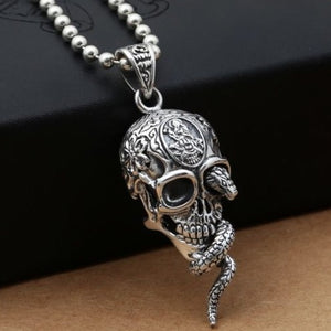 925 Hallmarked Sterling Silver Skull & Cobra Snake Pendant Necklace