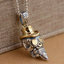 Load image into Gallery viewer, 925 Hallmarked Sterling Silver Skull Moustache Pendant Necklace Two Tone