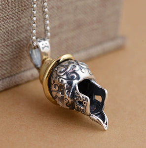 925 Hallmarked Sterling Silver Skull Moustache Pendant Necklace Two Tone