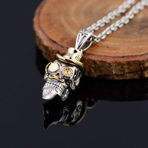 925 Hallmarked Sterling Silver Skull Moustache Pendant Necklace Two Tone