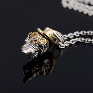 925 Hallmarked Sterling Silver Skull Moustache Pendant Necklace Two Tone