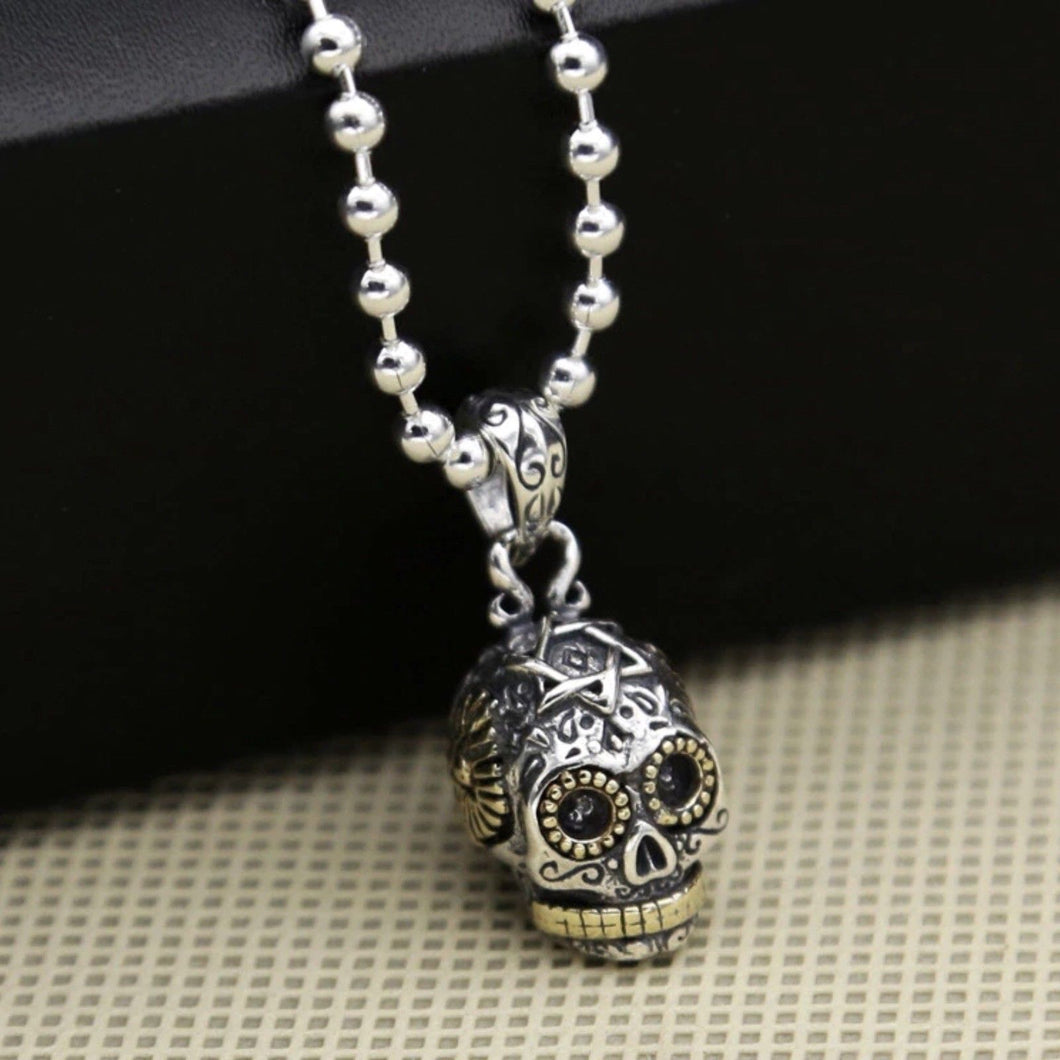 925 Sterling Silver Skull Necklace Pendant Vintage Sugar Skull Two Tone With Free Stainless Steel Chain