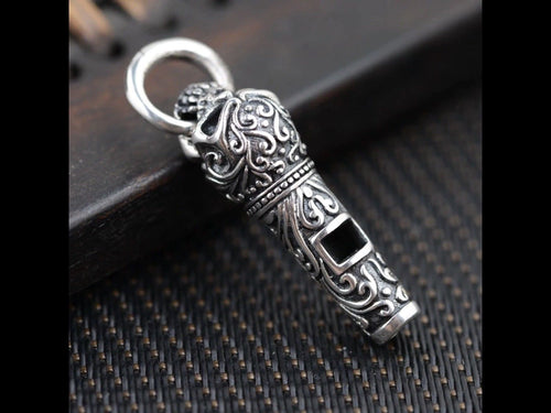 925 Hallmarked Sterling Silver Large Carved Skull Whistle Pendant Necklace