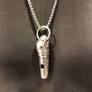 925 Hallmarked Sterling Silver Large Carved Skull Whistle Pendant Necklace