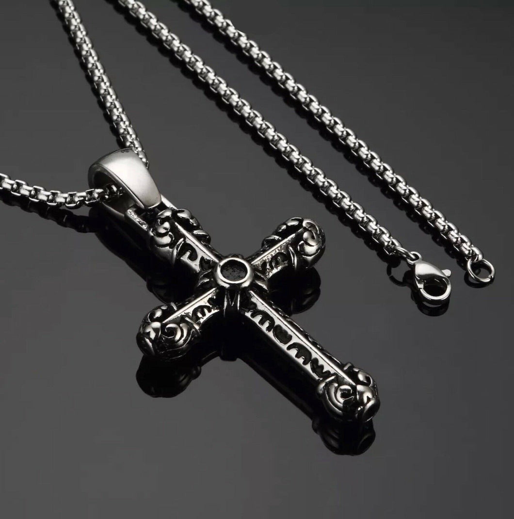 Stainless Steel Pewter Gothic Cross Pendant Necklace & 60 cm Chain Set