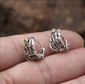 925 Sterling Silver Skull Skeleton Hand  Hoop Earrings 1 Pair