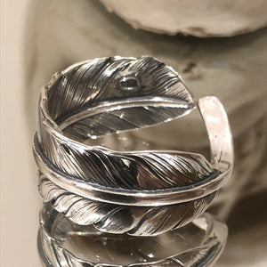 Sterling Silver 925 Leaf Feather Vintage Style Adjustable Ring