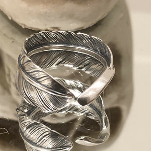 Sterling Silver 925 Leaf Feather Vintage Style Adjustable Ring