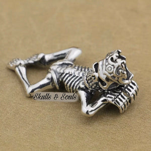 925 Hallmarked Sterling Silver Relaxing Skeleton Skull Pendant Necklace