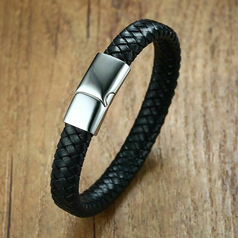 Mens or Ladies Leather Wristband Bracelet Bangle Cuff Stainless Steel Clasp