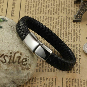 Mens or Ladies Leather Wristband Bracelet Bangle Cuff Stainless Steel Clasp