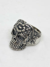 Load image into Gallery viewer, Mens Resizable 925 Hallmarked Sterling Silver Carved Sugar Skull Ring