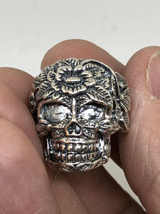 Mens Resizable 925 Hallmarked Sterling Silver Carved Sugar Skull Ring