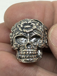 Mens Resizable 925 Hallmarked Sterling Silver Carved Sugar Skull Ring