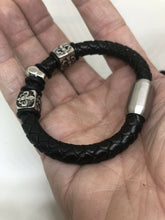 Load image into Gallery viewer, Mens Leather Skull Wristband Bracelet Bangle Stainless Steel Clasp All Sizes