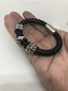 Mens Leather Skull Wristband Bracelet Bangle Stainless Steel Clasp All Sizes