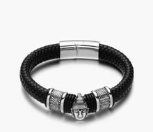 Load image into Gallery viewer, Mens Leather Skull Wristband Bracelet Bangle Stainless Steel Clasp All Sizes