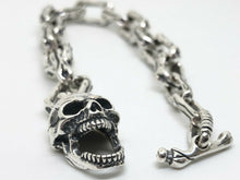 Load image into Gallery viewer, Mens 925 Sterling Silver Skull &amp; Bones Gothic Biker T-BAR Bracelet Hallmarked