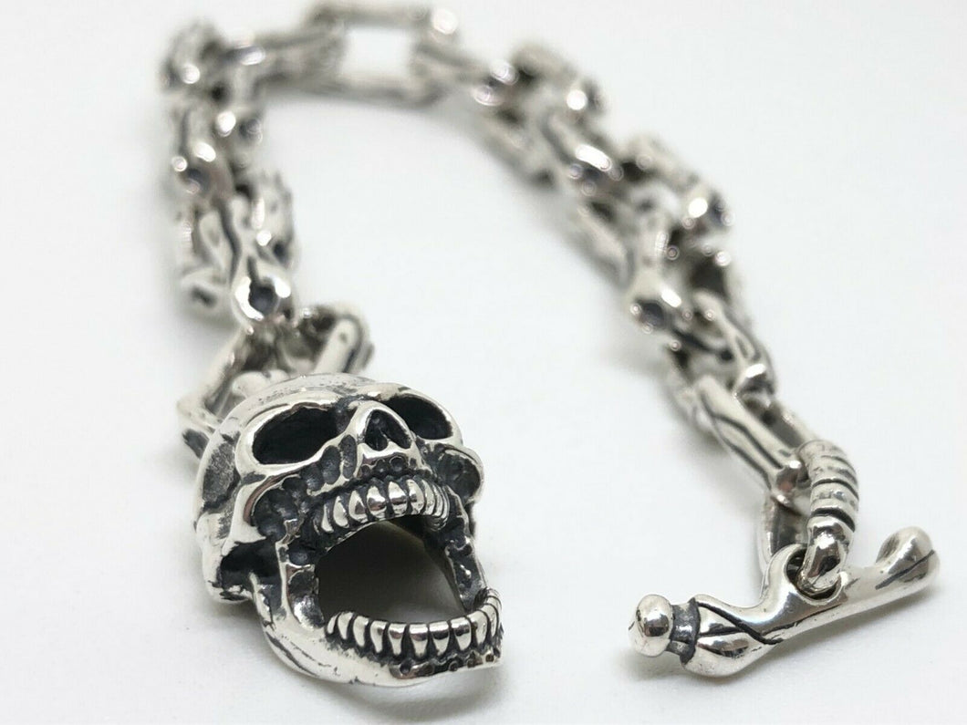 Mens 925 Sterling Silver Skull & Bones Gothic Biker T-BAR Bracelet Hallmarked