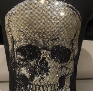 Black T-Shirt with Large Gold and Black  Rhinestone Skull