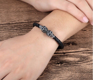 Mens or Ladies Leather Wristband Bracelet Bangle Cuff Stainless Steel Black Clasp