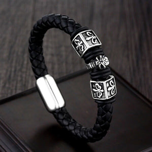 Skull & Fleur Black 8mm Braided Leather & Stainless Steel Bracelet