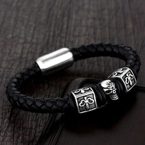 Skull & Fleur Black 8mm Braided Leather & Stainless Steel Bracelet