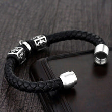 Load image into Gallery viewer, Skull &amp; Fleur Black 8mm Braided Leather &amp; Stainless Steel Bracelet