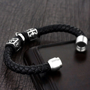 Skull & Fleur Black 8mm Braided Leather & Stainless Steel Bracelet