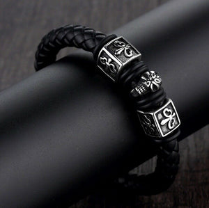 Skull & Fleur Black 8mm Braided Leather & Stainless Steel Bracelet