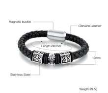 Load image into Gallery viewer, Skull &amp; Fleur Black 8mm Braided Leather &amp; Stainless Steel Bracelet