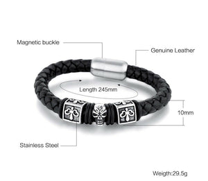 Skull & Fleur Black 8mm Braided Leather & Stainless Steel Bracelet