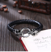 Load image into Gallery viewer, Mens or Ladies Chunky Thick Genuine Flat Leather Braided Wristband Bracelet Stainless Steel Clasp