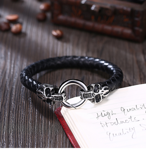 Mens or Ladies Chunky Thick Genuine Flat Leather Braided Wristband Bracelet Stainless Steel Clasp