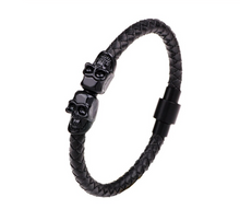 Load image into Gallery viewer, Mens or Ladies Twin Skull Black or Gold Colour 6mm Braided Leather &amp; Stainless Steel Bracelet