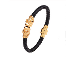 Load image into Gallery viewer, Mens or Ladies Twin Skull Black or Gold Colour 6mm Braided Leather &amp; Stainless Steel Bracelet