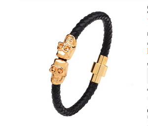 Mens or Ladies Twin Skull Black or Gold Colour 6mm Braided Leather & Stainless Steel Bracelet