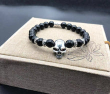 Load image into Gallery viewer, Skull Beaded Bracelet Bangle for Men Or Women With Obsidian &amp; Silver Beads