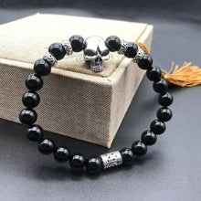 Load image into Gallery viewer, Skull Beaded Bracelet Bangle for Men Or Women With Obsidian &amp; Silver Beads