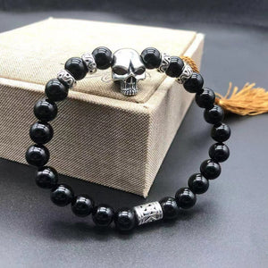 Skull Beaded Bracelet Bangle for Men Or Women With Obsidian & Silver Beads