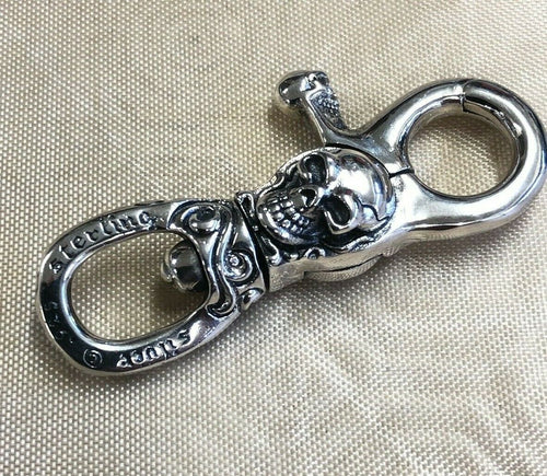 Solid 925 Hallmarked Sterling Silver Unique Skull  Biker Punk Keychain